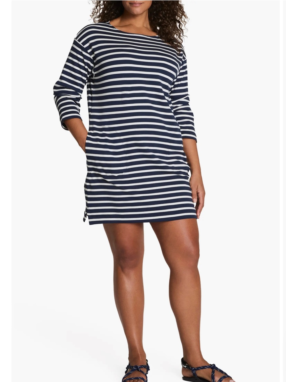 SPANX Cool Cotton Boatneck Midi Dress Navy/white size L
